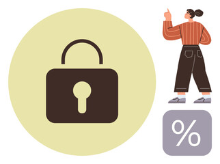 Padlock in beige circle paired with woman gesturing upward and a percentage icon. Ideal for privacy, protection, security, encryption, statistics, finance, simple flat metaphor