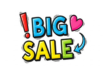 Colorful Big Sale Text in Doodle Style with Heart and Arrow on White Background