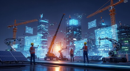 Engineers, robots, and drones oversee a futuristic smart city construction site with glowing digital interfaces at night.
