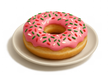 Pink iced donut with red, green, and white sprinkles on a plate against a transparent background