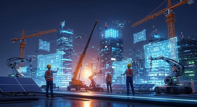 Engineers, robots, and drones oversee a futuristic smart city construction site with glowing digital interfaces at night.