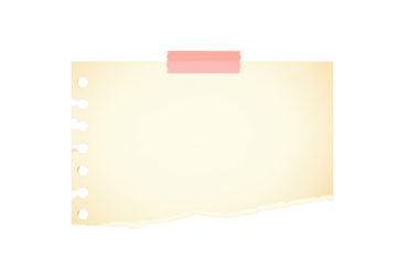 A single sheet of yellow note paper with torn edges and pink tape isolated on transparent background