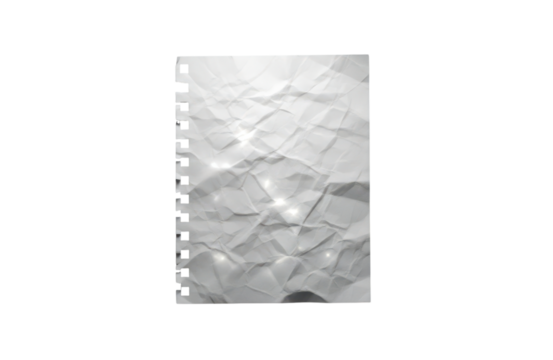 Crumpled white paper with spiral binding holes and sparkling highlights isolated on transparent background
