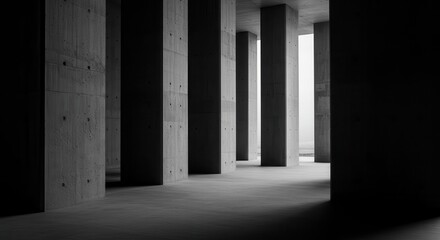 Fototapeta premium Strong rectangular structural supports create dramatic shadows in a minimalist concrete space