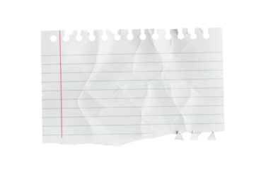 Torn sheet of lined paper with red margin and blue lines, isolated on transparent background