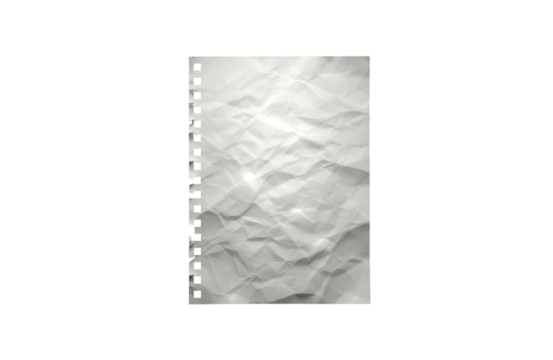 Crushed white paper sheet with spiral binding, isolated on transparent background