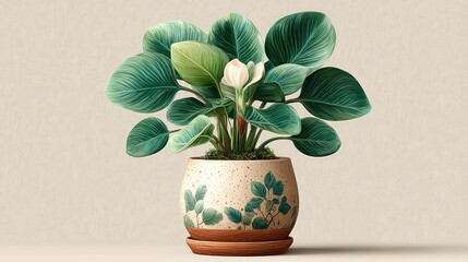 Elegant Illustration of a Potted Plant with Large Green Leaves and a White Flower