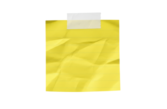 A crumpled yellow sticky note with lines, taped to a transparent background