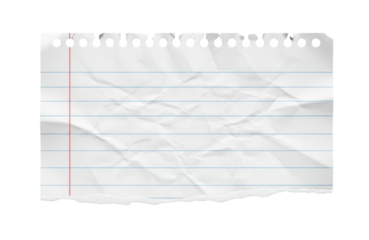 A torn sheet of lined paper with red and blue lines, crumpled and with a perforated edge, isolated on transparent background