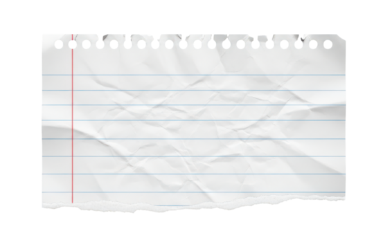 A torn sheet of lined paper with red and blue lines, crumpled and with a perforated edge, isolated on transparent background