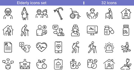 Elderly Icons Set for Senior Care, Health, and Retirement Design