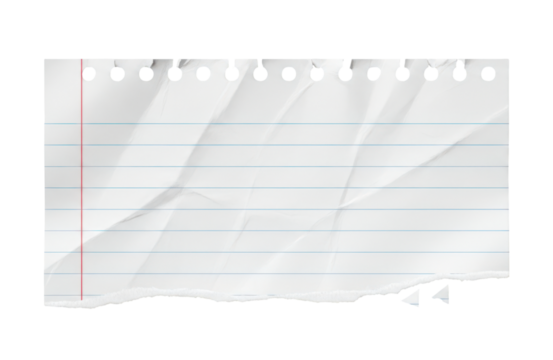 A crumpled piece of lined notebook paper with a torn edge, isolated on a transparent background