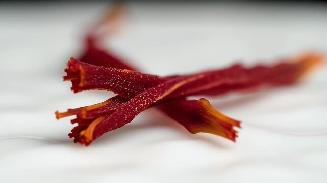 Close up of red saffron strands on a white background