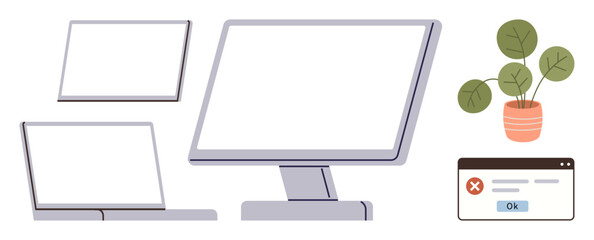 Desktop monitor, laptop, tablet, error message pop-up, and potted plant. Ideal for productivity, technology, business communication creativity design and IT concepts. Minimal simple flat