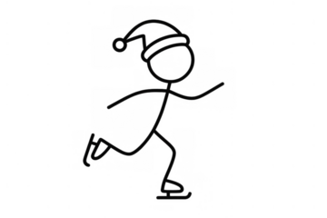 Stick figure wearing santa hat ice skating, black and white line drawing for winter holiday activities, transparent background