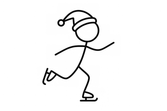 Stick figure wearing santa hat ice skating, black and white line drawing for winter holiday activities, transparent background