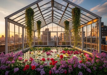 Rooftop greenhouse with water lilies and vibrant flowers at sunset