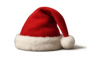 Santa hat with red velvet and white fur trim, classic christmas holiday costume accessory on transparent background