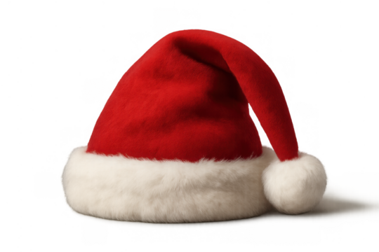 Santa hat with red velvet and white fur trim, classic christmas holiday costume accessory on transparent background