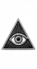 Mystical all seeing eye symbol contained within a geometric triangular shape with radiating lines