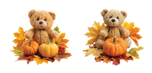 Teddy Bear with Autumn Leaves and Pumpkin: Teddy bear surrounded by autumn leaves and a small pumpkin, fall seasonal decor, PNG style.