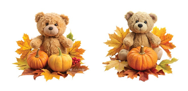 Teddy Bear with Autumn Leaves and Pumpkin: Teddy bear surrounded by autumn leaves and a small pumpkin, fall seasonal decor, PNG style.