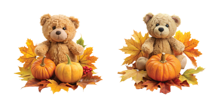 Teddy Bear with Autumn Leaves and Pumpkin: Teddy bear surrounded by autumn leaves and a small pumpkin, fall seasonal decor, PNG style.