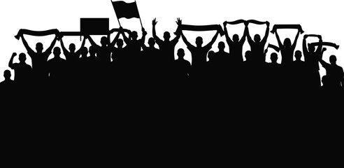 Silhouette crowd of cheering people with flags and scarves, stadium fans celebrating victory, sports audience vector illustration, supporter group energy concept © Farzana