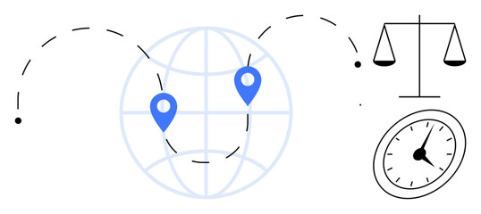 Globe with location markers, dotted travel paths, weighing scale, and clock. Ideal for global business, ethics, justice, fairness time management international cooperation balance. Simple flat