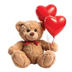 Obraz premium Teddy Bear with Heart Balloons: Romantic teddy bear holding red heart-shaped balloons, Valentine’s Day theme, PNG cut out.
