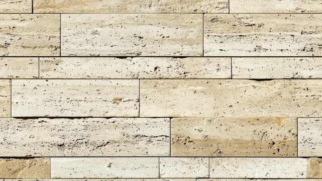 Seamless moving right of a beige travertine stone wall with horizontal alignment. 16:9 Organic texture loop.