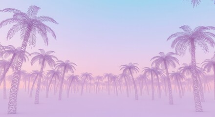 Numerous palm trees rise from a hazy pastel landscape under a gradient sky