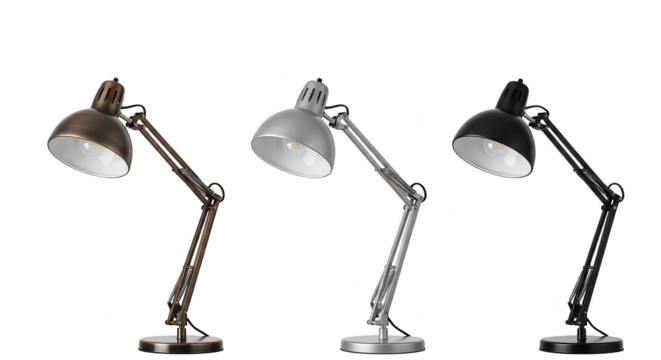 Three Adjustable Desk Lamps Bronze Silver And Black Finishes