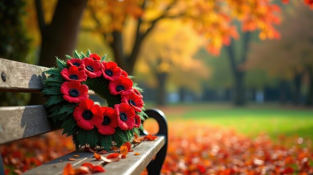 Red poppy wreath resting on a park bench in autumn with fallen leaves and blurred trees behind it - Powered by Adobe