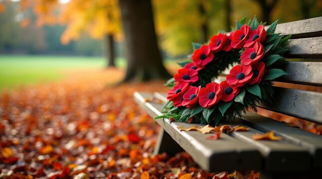 Red poppy wreath resting on a wooden bench in a park during the autumn season with fallen leaves - Powered by Adobe