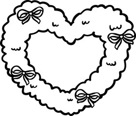 Coquette Christmas Wreath Outline Heart Shape with Bows Doodle Hand Drawn
