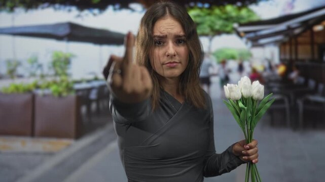 Young hispanic woman showing middle finger to camera while holding bouquet of white tulips on a restaurant terrace by the street; defiance.