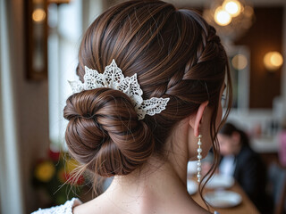 Back close-up of thick braided bun styled in a vintage design,The vintage bun offers a timeless and graceful bridal charm.