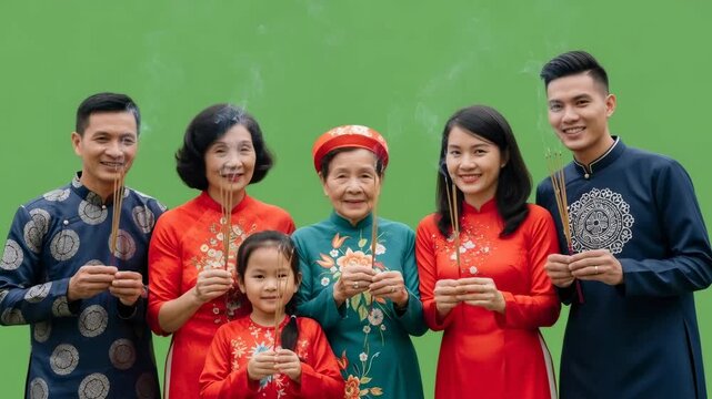 Asian multi generational family in traditional clothing performs ritual with burning incense on green screen footage