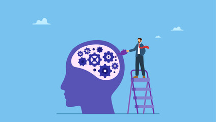A man climb up ladder to fix and lubricate gear cogs on his brain head. Brain maintenance, fixing emotional and mental problem, boost creativity and thinking process or improve motivation.