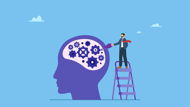 A man climb up ladder to fix and lubricate gear cogs on his brain head. Brain maintenance, fixing emotional and mental problem, boost creativity and thinking process or improve motivation.