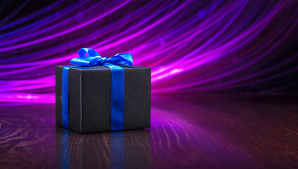 Cyber Monday Exclusive Offer Sleek Dark Gift Box with Vibrant Blue Ribbon on Wood, Digital Purple & Pink Light Streaks Background