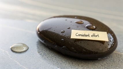 A smooth polished stone with water droplets and inspirational message