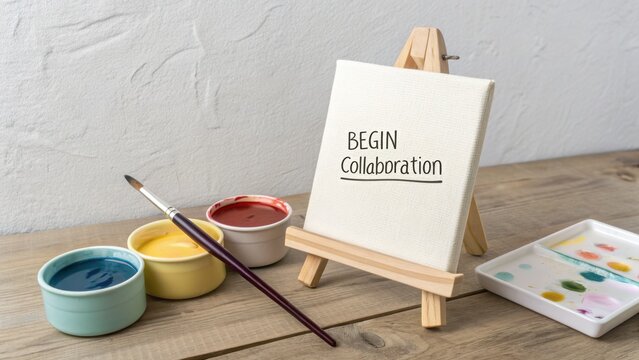 Blank canvas on wooden easel ready for creative collaboration