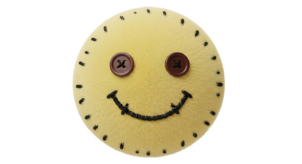Handmade Yellow Felt Emoji Sphere with Brown Button Eyes and Black Stitched Smile Isolated on White