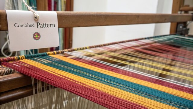 Colorful silk threads woven on a loom in detailed view