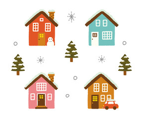 雪 家 街並み 冬 景色 イラスト 手描き シンプル 北欧風 素材