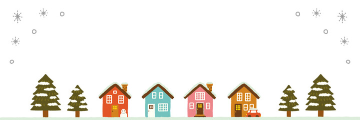 雪 家 街並み 冬 景色 背景 イラスト 手描き シンプル 北欧風 素材