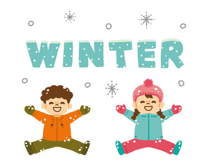 子供 雪の上で寝転ぶ 笑っている 冬 イラスト 手描き