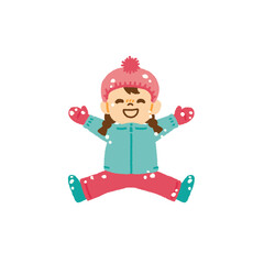 雪の上で寝転んで笑っている女の子のイラスト 冬 手描き